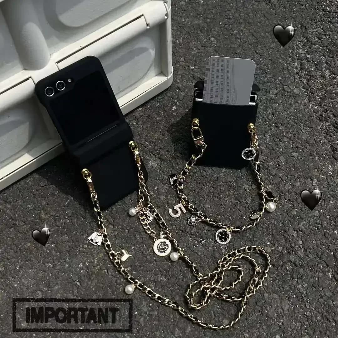 For Samsung Galaxy Z Flip 6 5 4 3 Soft phone case with leather strap cord with fashionable luxury diamonds