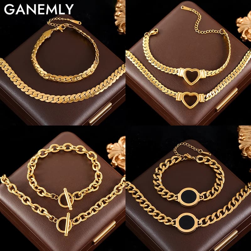 GANEMLY 316L Stainless Steel Statement Chain Choker Necklace Bracelet Charms Golden Jewelry Sets Collar Waterproof Stylish Gift