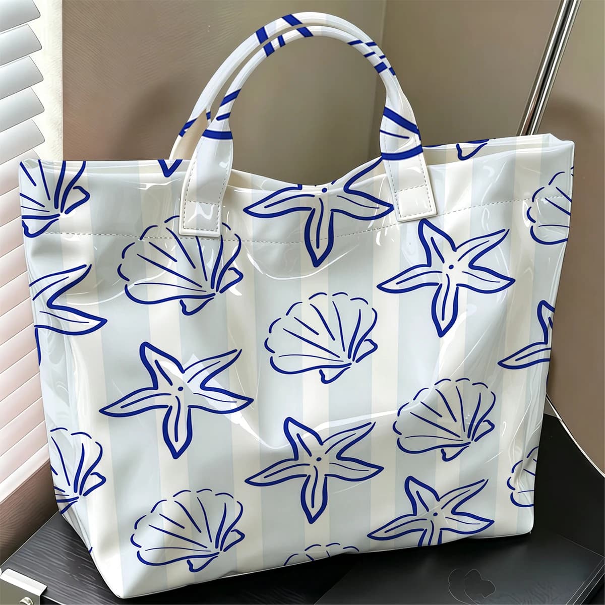 Coastal Shell Star Hot Sale Large Glossy PVC Tote Bag Hand Washable Waterproof Great for Travel Commute Makeup Storage Handbags