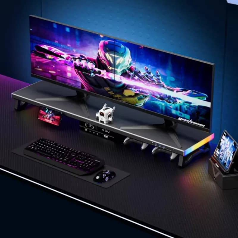 Supporto per Monitor in Metallo per Computer Desktop, Hub di Ricarica USB Multifunzionale e Base Portaoggetti, Organizzatore Ergonomico per Spazio di Lavoro