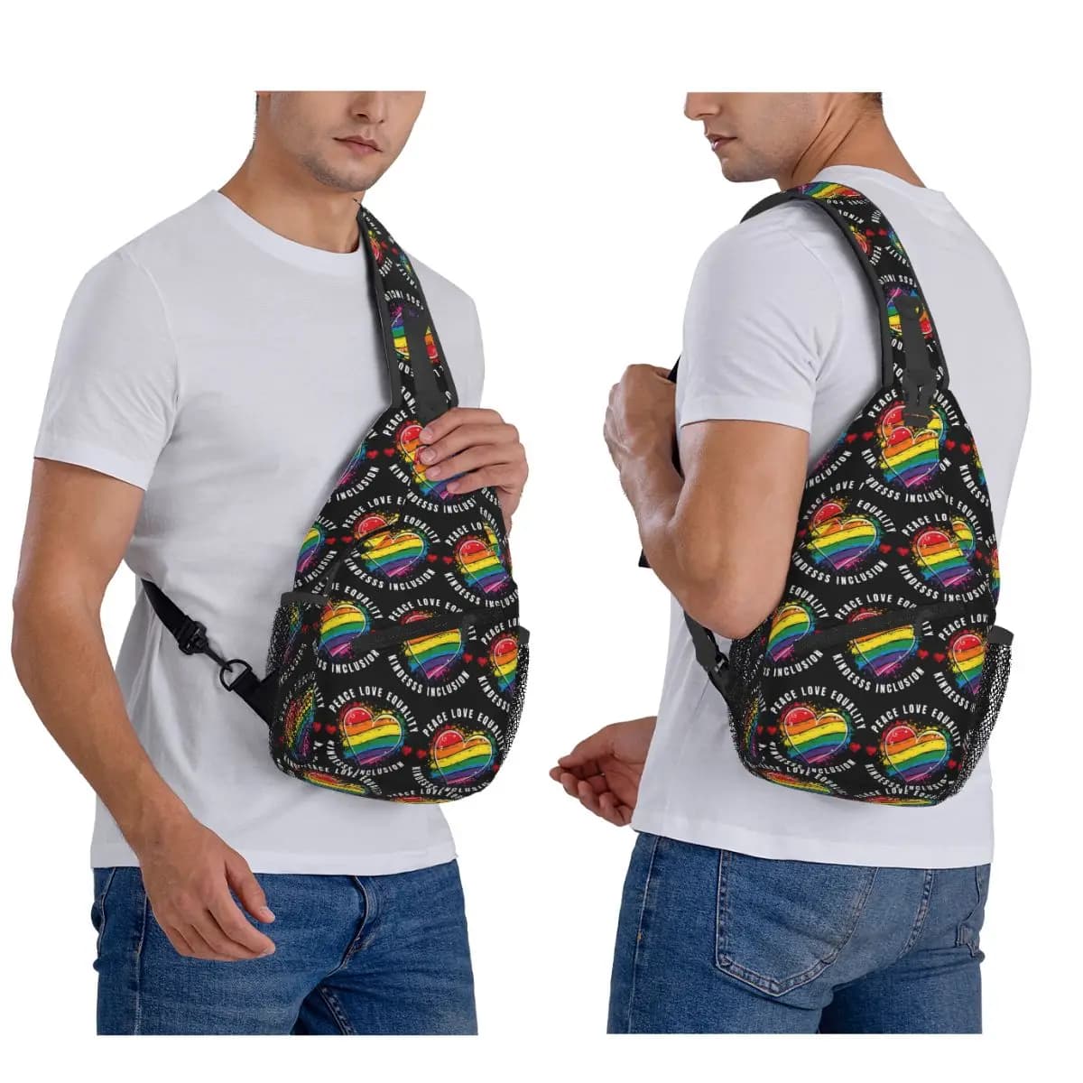 Inclusive Rainbow Printed LGBTQ Pride Chest Bag Men Sling Crossbody Backpack Chest Bag Traveling Hiking Daypack Shoulder Bag