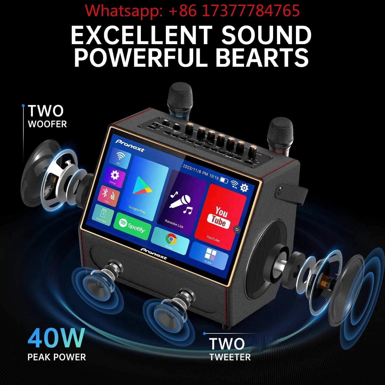 Macchina per Karaoke con Schermo per Visualizzazione Testi per Adulti, Altoparlante Bluetooth Portatile con 2 Microfoni UHF Ricaricabili