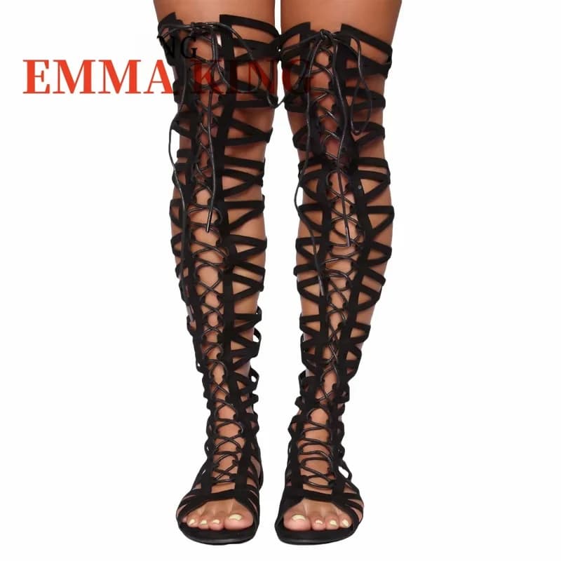 Women Strappy Gladiator Sandals Open Toe Cut Out Over The Knee Boots Back Zipper Comfort Flat Beach Shoes Gothic Summer Shoes 44