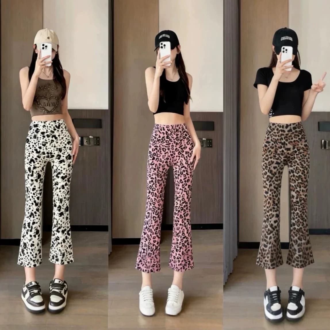 High Waist Slimming Casual Pants Elastic Leopard Print Seven-Footed Bottoming Trousers Punk Style Micro Flared Leggings