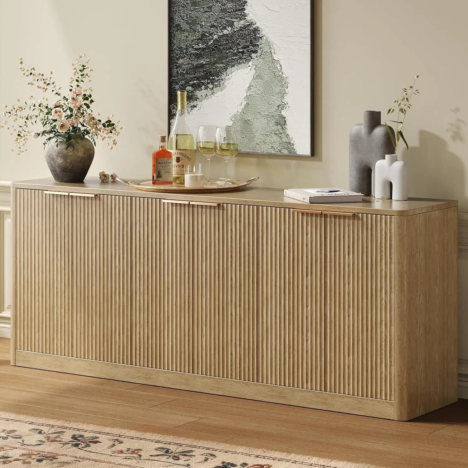 Credenza in Quercia Scanalata da 67 Pollici con Spazio di Archiviazione, Grande Buffet con 6 Ante, Stile Moderno Mid-Century, Personalizzabile
