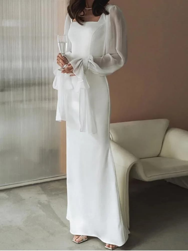 Abito da sera da donna bianco elegante in maglia manica lunga colletto quadrato manica svasata abito longuette femminile 2024 abiti estivi da donna solidi