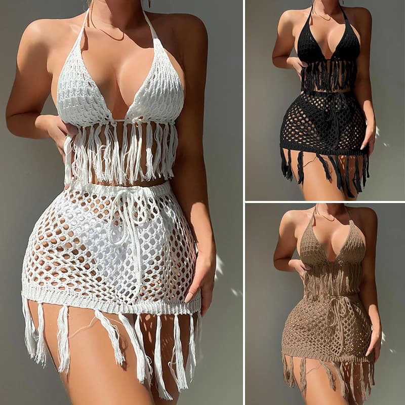 Due pezzi all'uncinetto per adolescenti donne sexy bikini cover up set corda legante nappa costume da bagno vacanza estiva maglieria abbigliamento da spiaggia