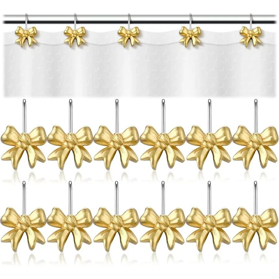 12 pezzi ganci per tende da doccia con nodo a fiocco dorato ganci per tende da doccia decorativi in metallo Rtproof anelli per tende da doccia scorrevoli sfusi per il bagno