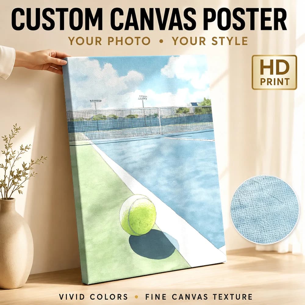 Tennis Ball On The Court Framed Canvas Print Poster Custom Photo Sports Portrait Wall Art for Office Decor Gift for Collectors