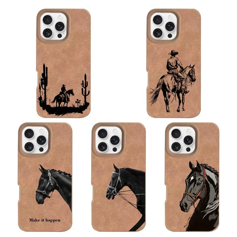 Custodia Dark Horse in pelle scamosciata sintetica marrone per iPhone 17 AIR 16 15 14 13 Pro 12 11 Pro Xs X XR Max - S741