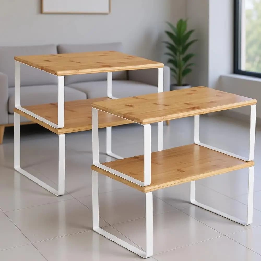 Set di 4 scaffali da cucina, scaffalatura impilabile, organizer per spezie, in metallo e legno, bianco nuvola e beige naturale