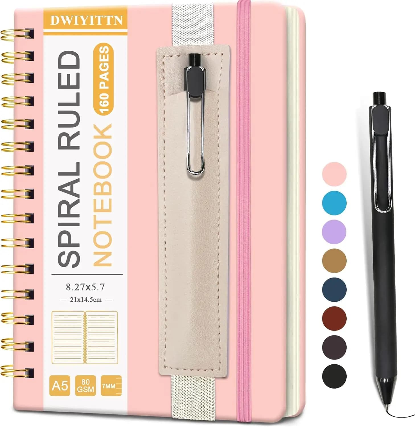 A5 Spiral Notebook with Pen, 5.7x8.3" Lined 160 Pages Pink Faux Leather Hardcover Journal for Work Office Writing Travel