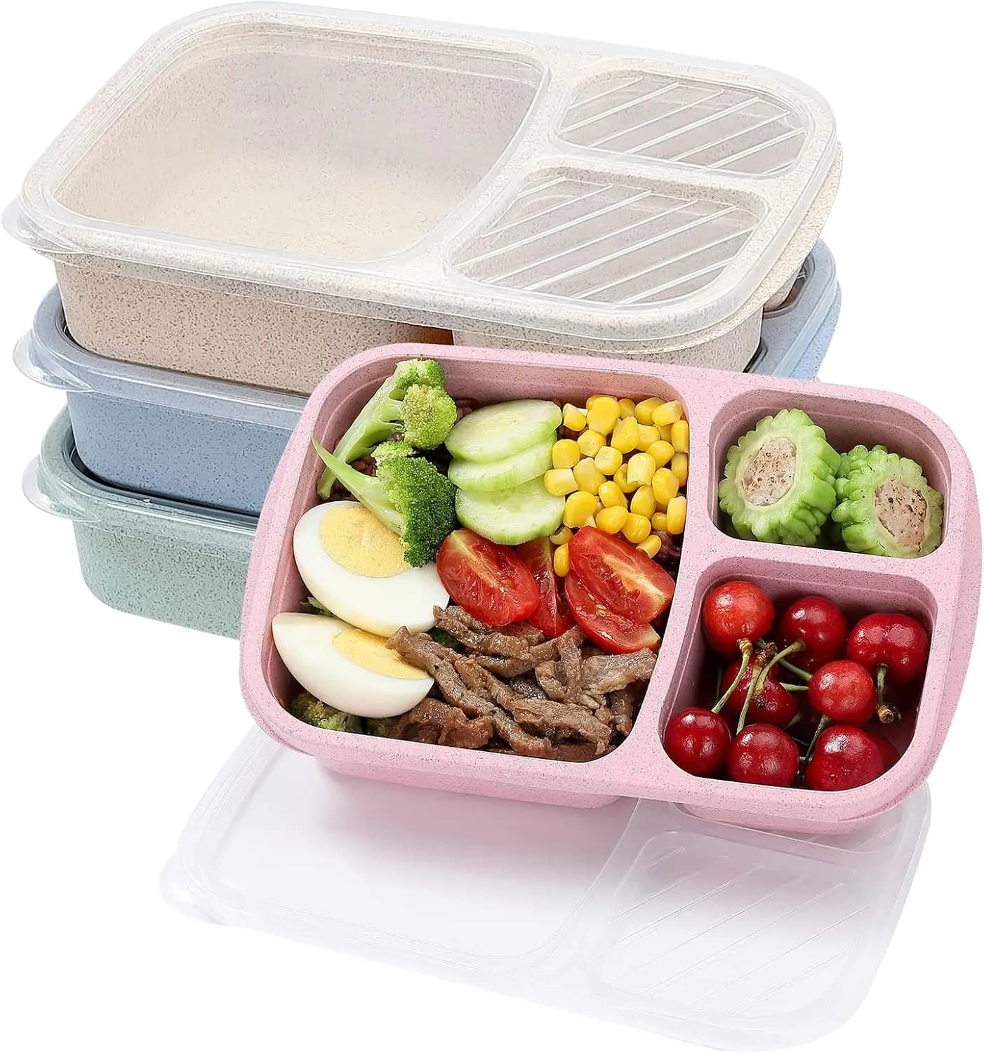 4 Pack Bento Lunch Box Set 3 Compartment Wheat Straw Meal Prep Containers Microwave Dishwasher Safe Light Colour