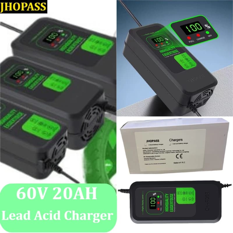 Charger HD Smart Gel AMG Dry Water 60V 20AH LCD for Lead-Acid Batteries, AC110V-220V, for Moto, E-Bike, Scooter, Auto, Spina EU AU UK US