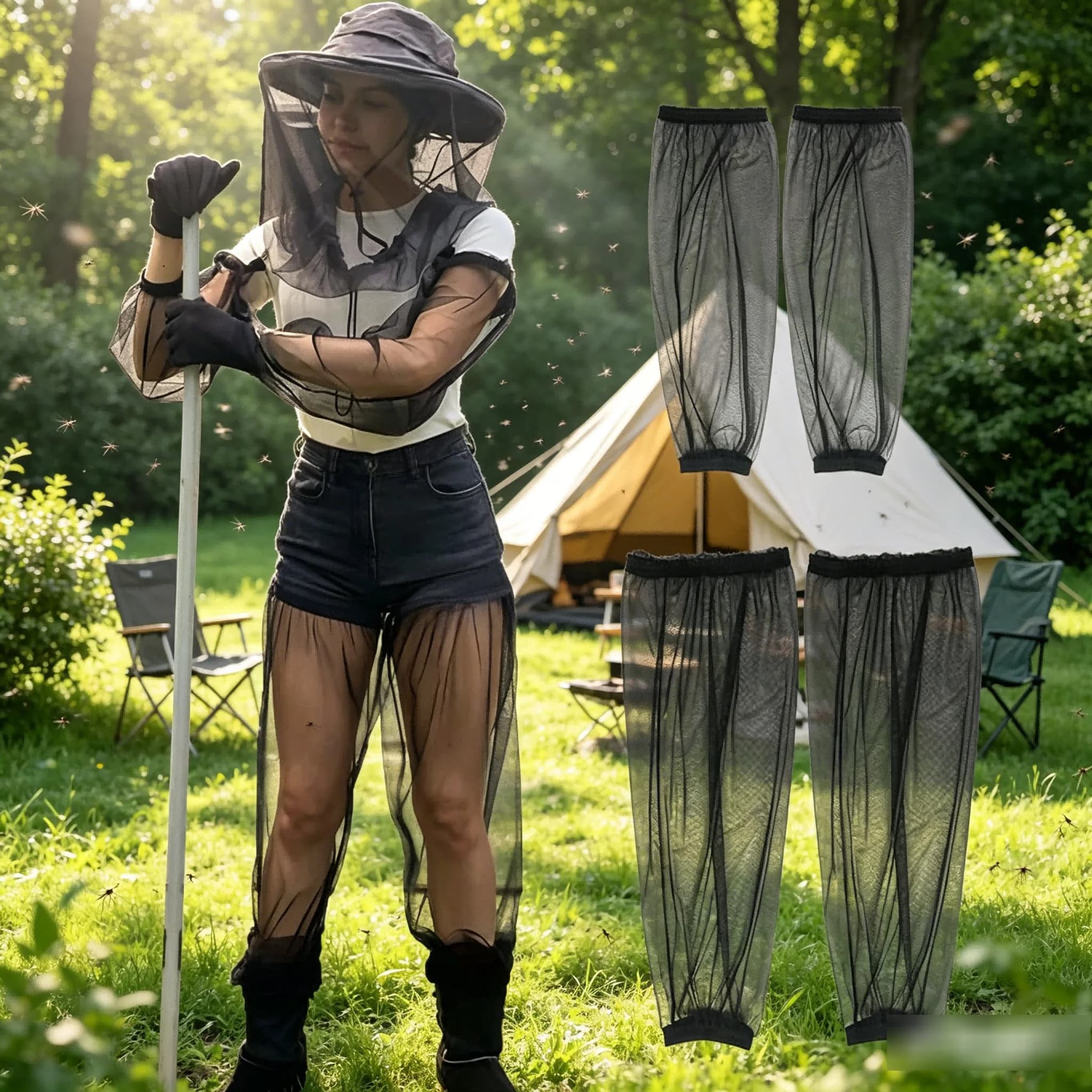 Un paio di protezioni per le gambe traspiranti e anti-zanzare, cappelli da pesca anti-insetti, reti per braccia e gambe per campeggio e escursionismo all'aperto.