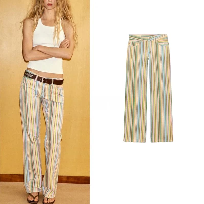 Summer New Women's Casual Style Metal Button Low Waist Color Block Striped Wide Leg Jeans Low Waist Zipper Polyester Fiber
