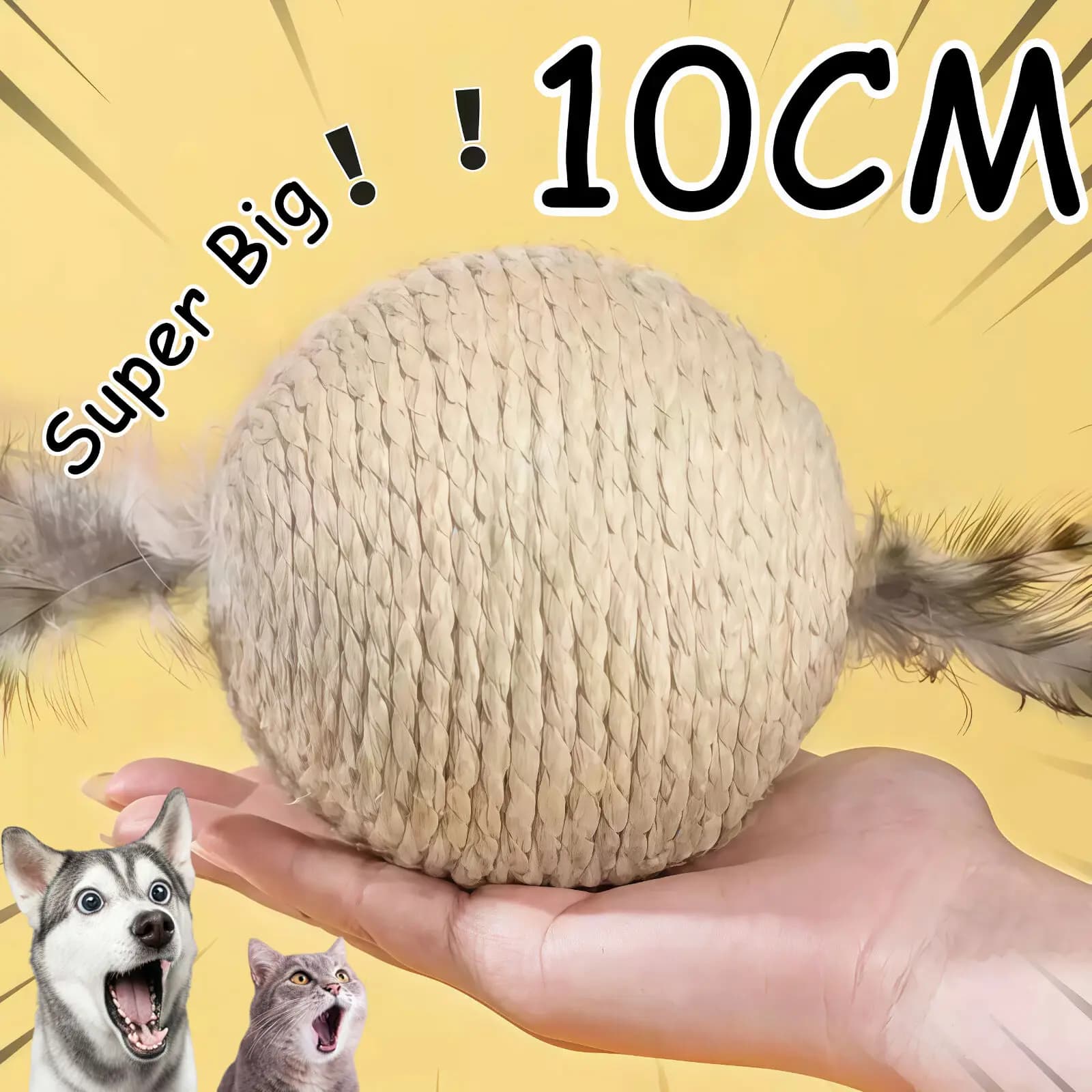 Giocattolo Interattivo per Gatti con Palla in Sisal da 10CM per Pulizia dei Denti dei Gattini, Anti-Morso, Super Grande, con Suono, Accessori per Animali Domestici