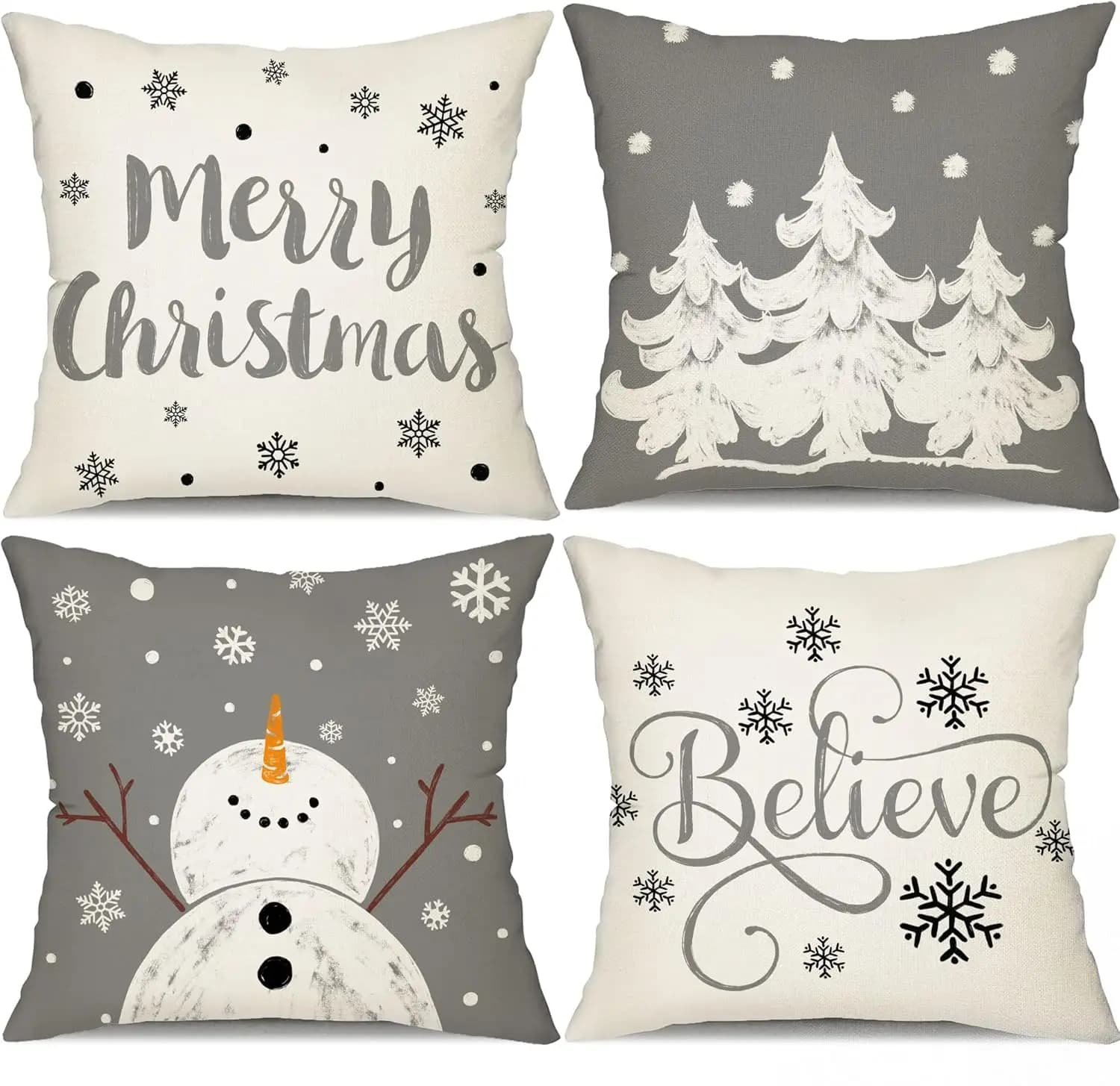 Gray Christmas Pillow Covers Merry Christmas Tree Believe Snowflake Winter Holiday Decor Cushion Cover for Home Couch 45X45