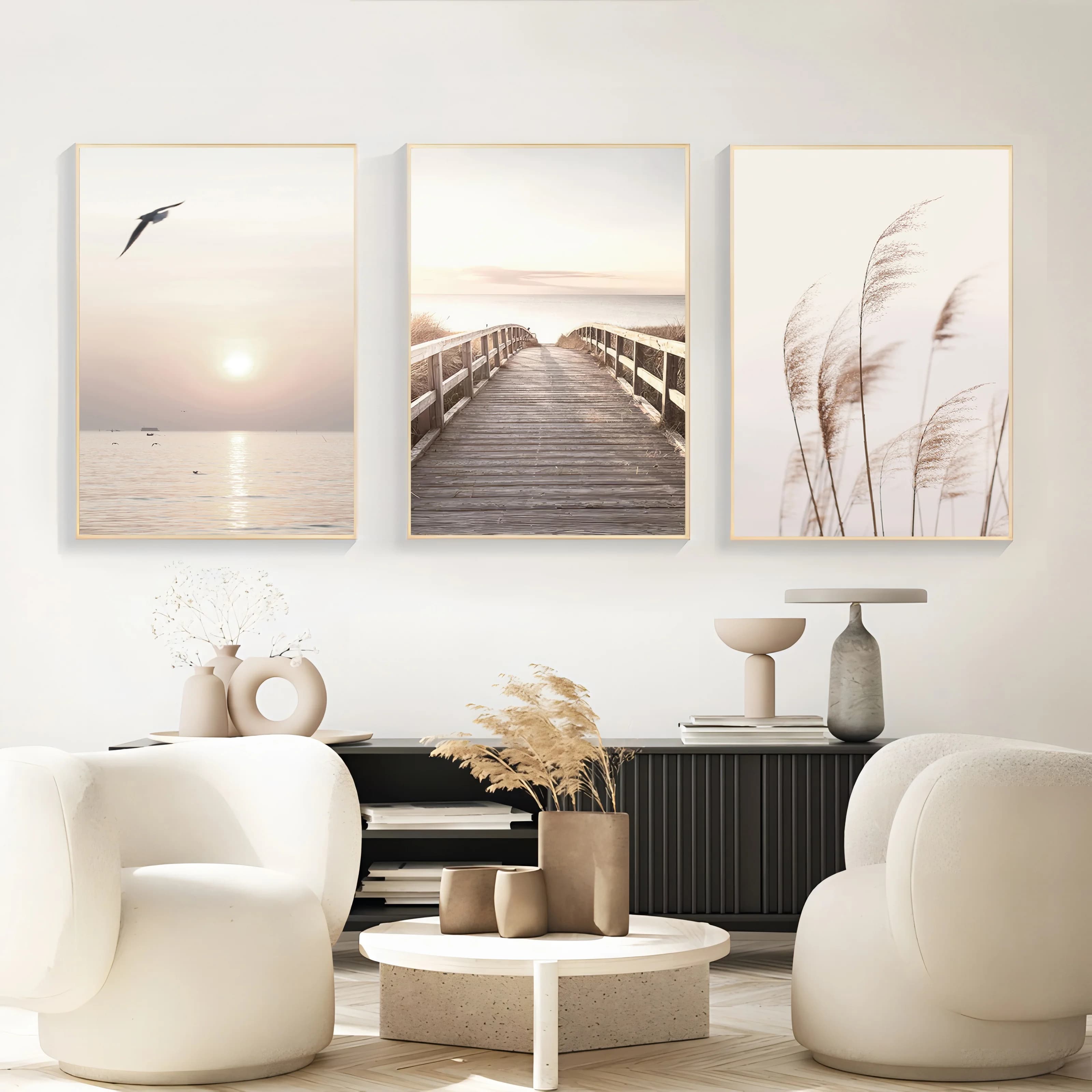 Set of 3 Squares on Canvas with White Sea Landscape, Nordic Posters with Beach and Botanical Grass, Living Room Decoration and Bedroom