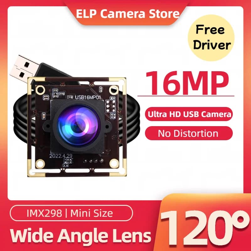 ELP 16MP Ultra HD USB Camera Module IMX298 Fixed Focus 120 degree Grandangle No mini webcam distortion for Android, Linux