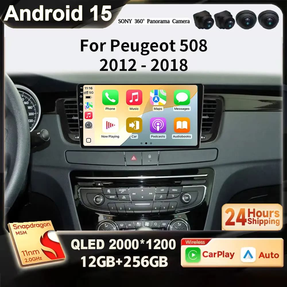 for Peugeot 508 2011 - 2018 Android 15 2K QLED 2din Car Radio Stereo with Carplay Auto GPS Navigation voice DSP DVD 4G WIFI 4G