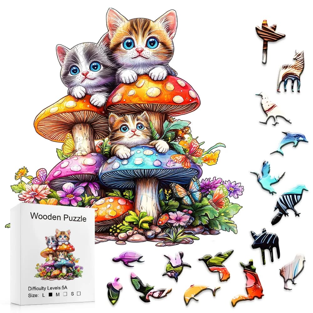 Puzzle in legno per adulti, puzzle in legno per famiglia di gatti per adulti, puzzle in legno per gattini funghi per adulti, forma animale unica