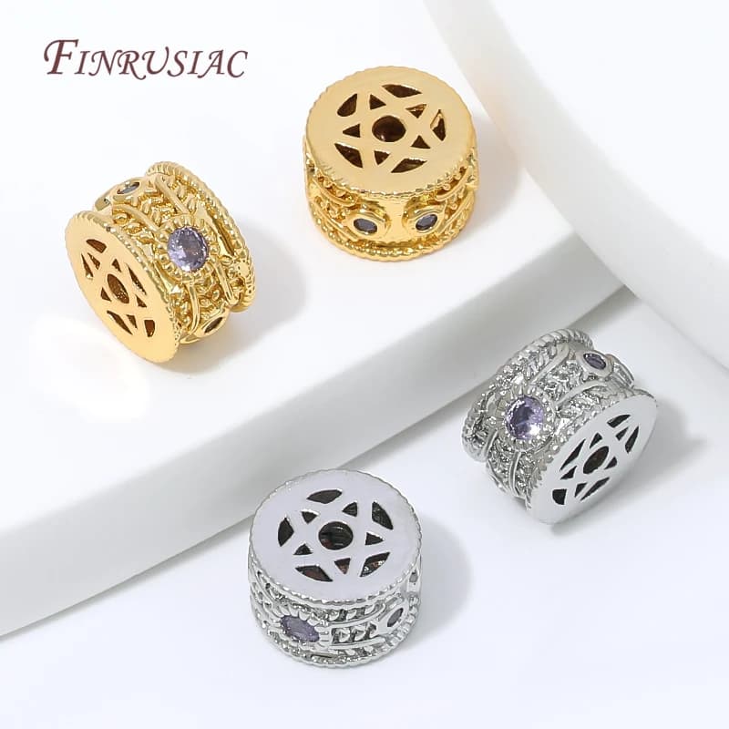 18K Gold Plated Round Spacer Beads Micro Inlay Purple Zircon Hollow Beads For DIY Bracelet Jewelry Findings,Beads Separators