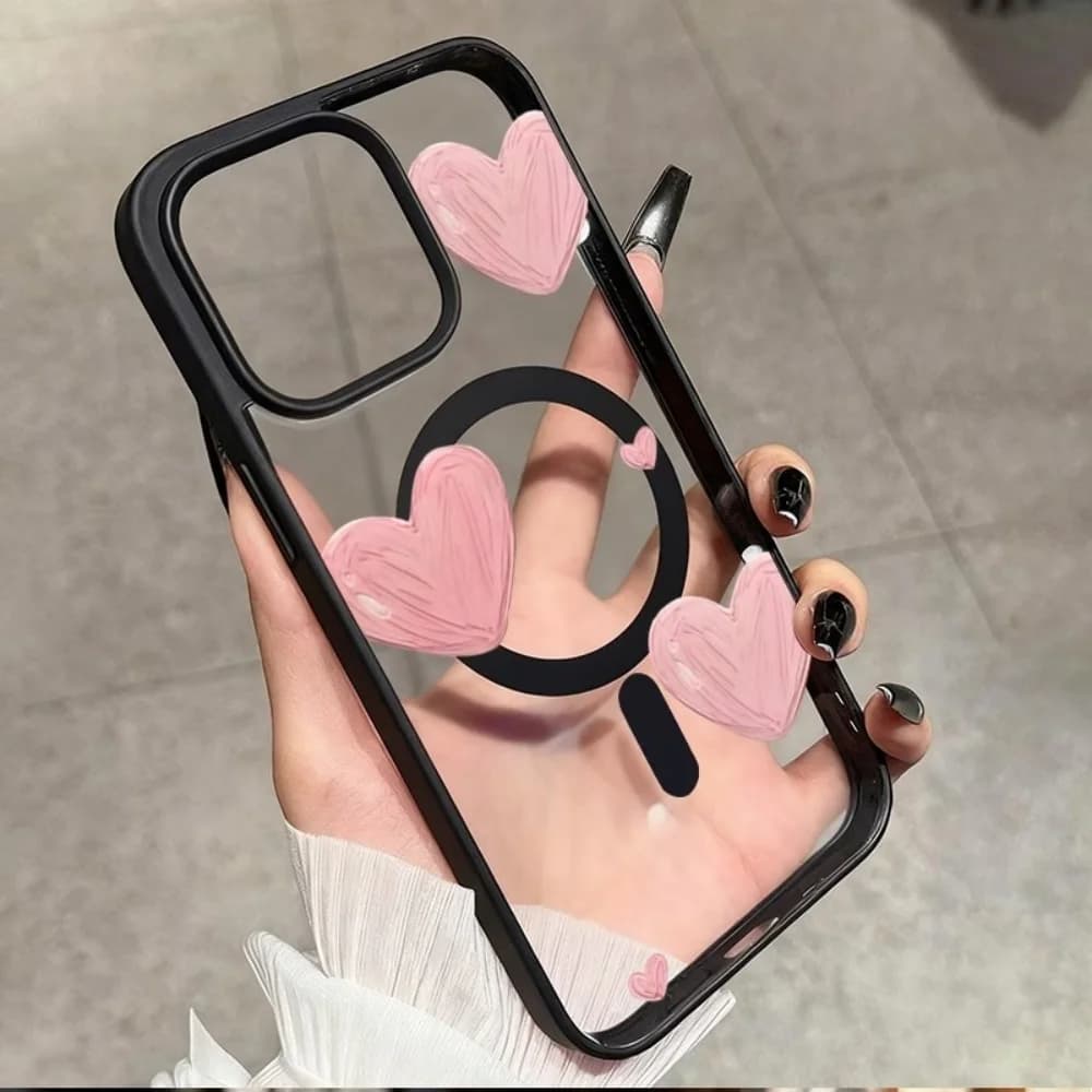 Cover Trasparente con Stampa Cuore Rosa per iPhone 17 16 15 14 13 12 11 Pro XS Max Plus Mini XR X Air 17e 16e, Cover Posteriore Magsafe