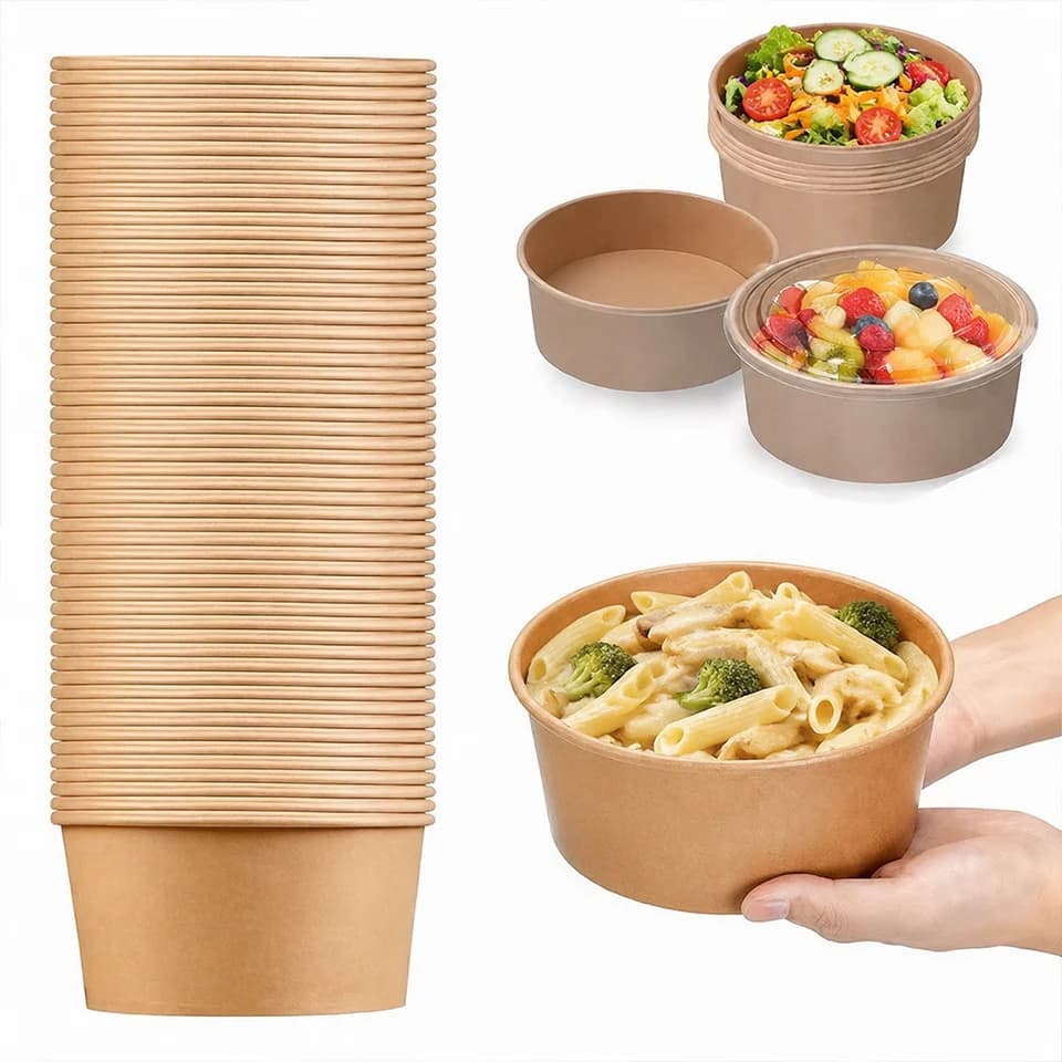 5/10/20PCS Kraft Paper Bowls with Lids Disposable Round Food Containers Lunch Bento Salad Noodle Meal Prep Takeaway Box