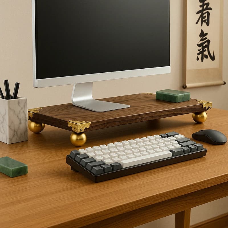 Wooden monitor stand with brass ball feet and corner guards, Chinese style raised shelf for desktop PC, laptop or display