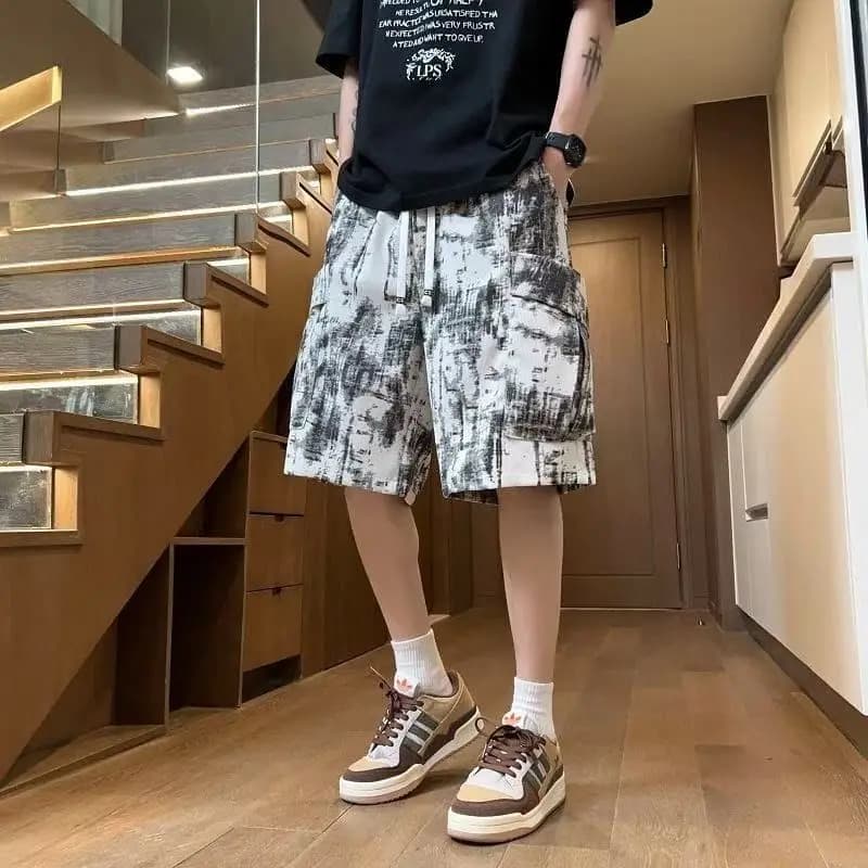 Men's Summer Casual Shorts in American Retro Workwear Style with Large Pockets and Tie-Dye Design Loose Fit Mid-Length