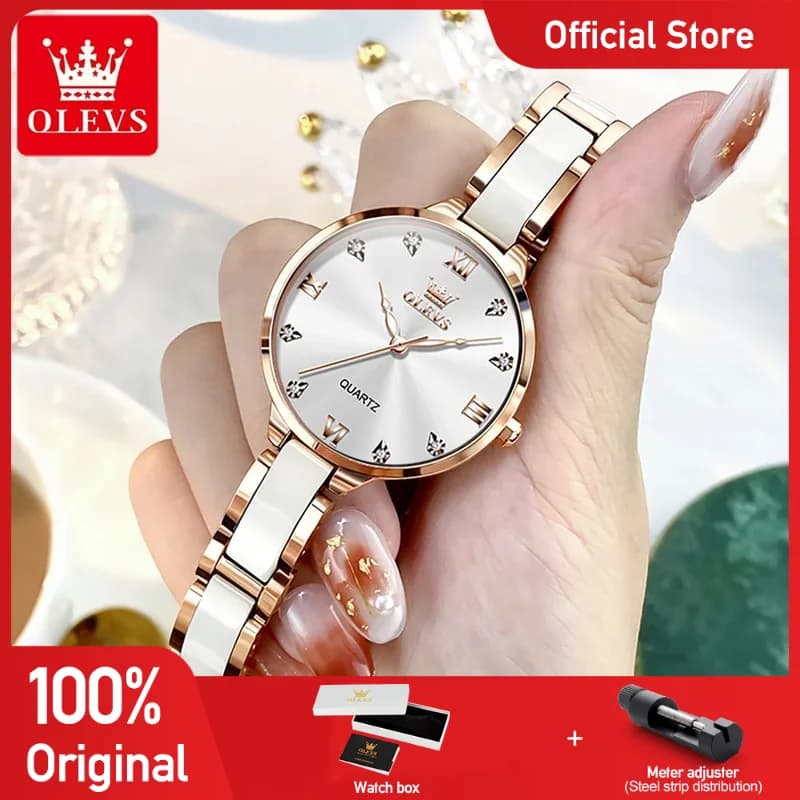 OLEVS 5872 Women's Watch Elegant Luxury Original Quartz Watch Watch with Waterproof Light Ceramic Strap for Women's Bracelets Set