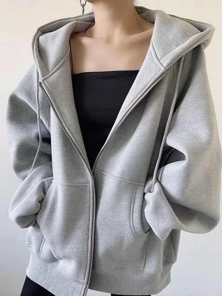 Gray Pure Color Hooded Open Cardigan Sweatshirt Women's Autumn Winter Fleece Lined Lazy Style Korean Version Jacket