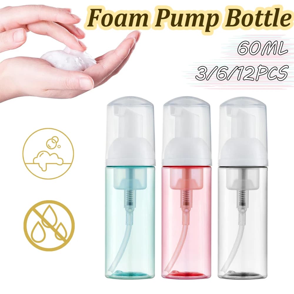 3/6/12PCS 60ml Refillable Foam Pump Bottle Empty Plastic Soap Dispenser Travel Size Mousse Container For Face Eyelashes Cleaner