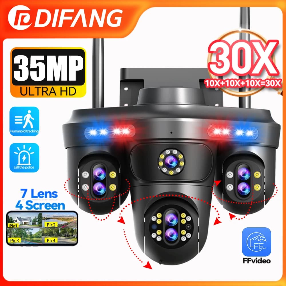 Telecamera IP WiFi 35MP con Zoom Ottico 10X, 7 Lenti, 4 Schermi, Telecamera di Sorveglianza Wireless da Esterno PTZ con Tracciamento Automatico e Visione Notturna CCTV