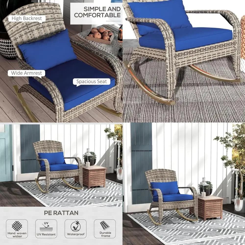 High-Back Outdoor Wicker Rocking Chair with Cushion and Pillow, Ideal for Patio, Garden, Porch, or Balcony in Navy Blue