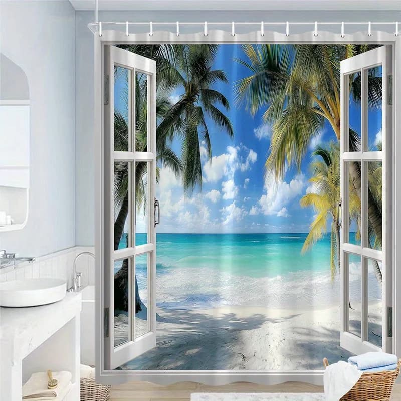 1pc Tropical Beach Window Shower Curtain with Palm Trees & Azure Ocean View - Framed by White Windows, Sandy Shore & Gentle Wave