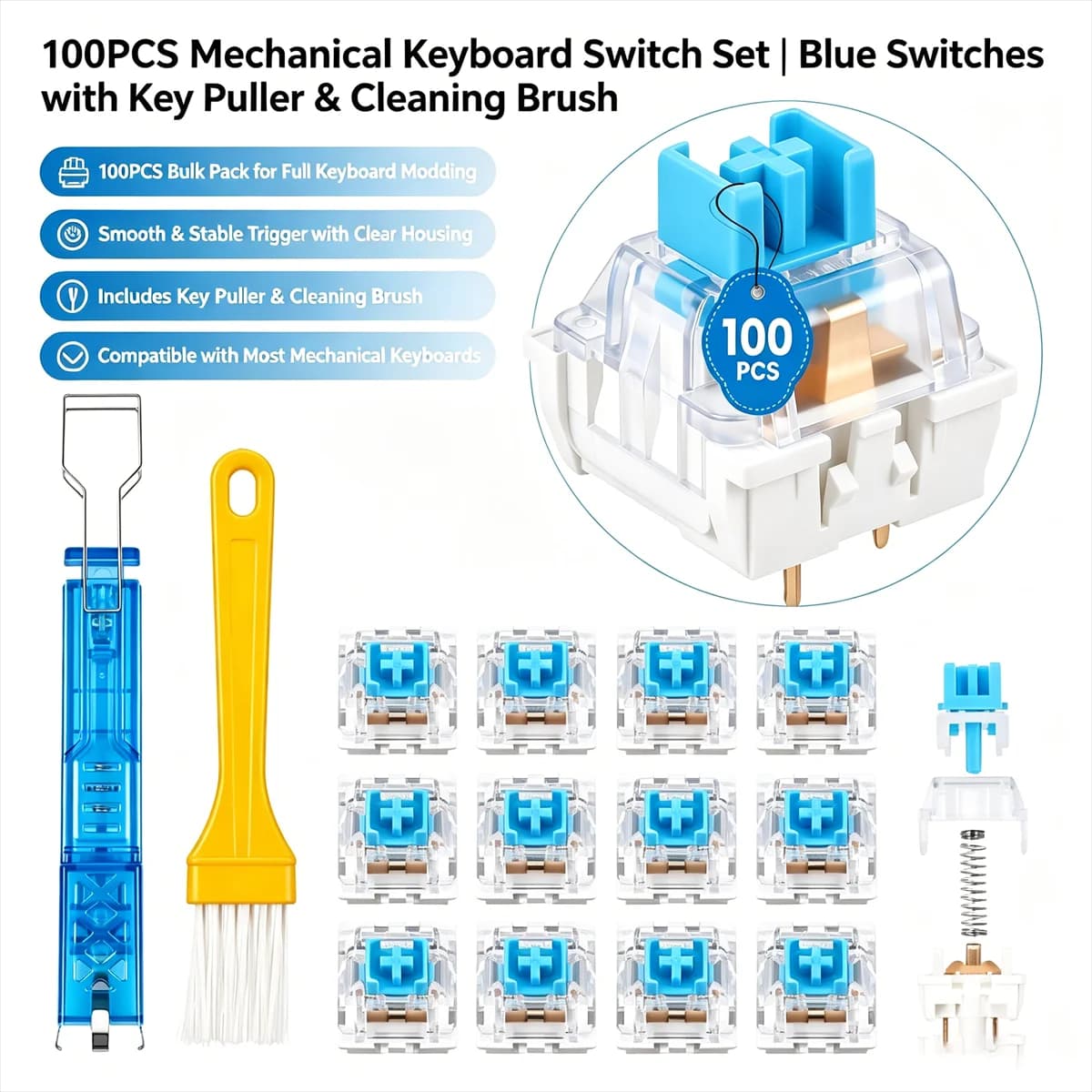 Set di 100 Switch Meccanici RGB Trasparenti con Retroilluminazione, Switch Blu Clicky con Strumento di Rimozione per Tastiere da Gaming