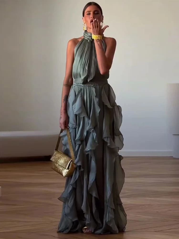 Summer Cascading Ruffles Long Dress Women Sleeveless Lace Up Pleated Female A-line Dresses 2026 Fashion Lady Holiday Robes New