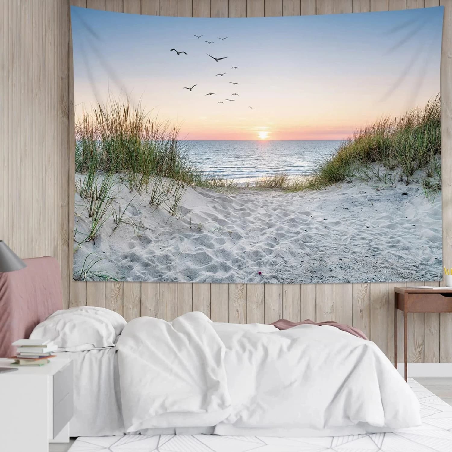 Ocean Beach Tapestry Wall Hanging, Sunset Seabird and Beach with Grass Wall Tapestry