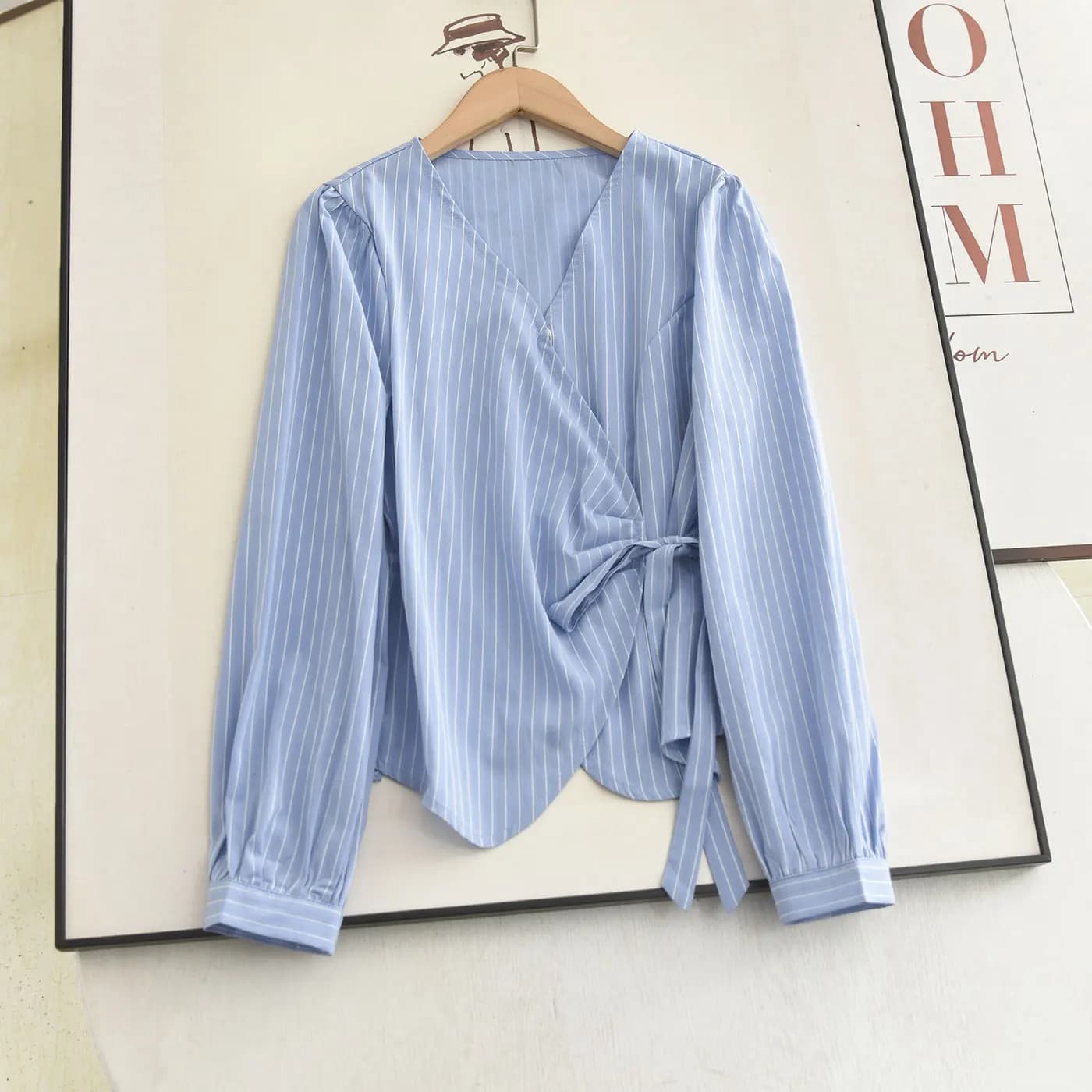 Modeling Shirt with V Neckline and Belt, Versatile Design Blue Rows, Casual Style, Long Sleeve for Women