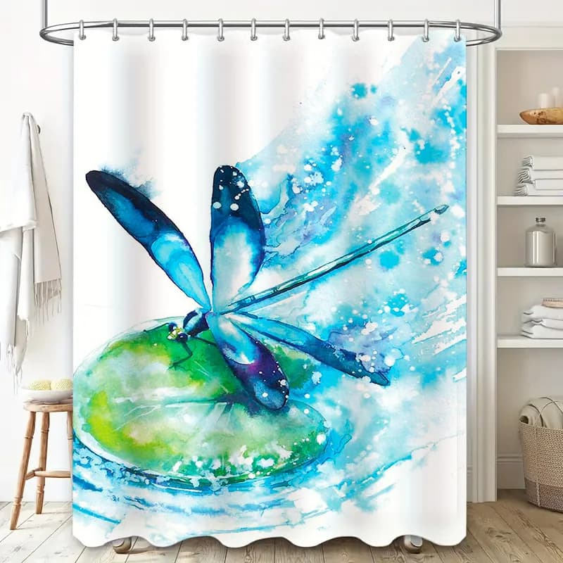 Tenda da doccia da bagno con libellula blu acquerello, design creativo per l'arredamento del bagno