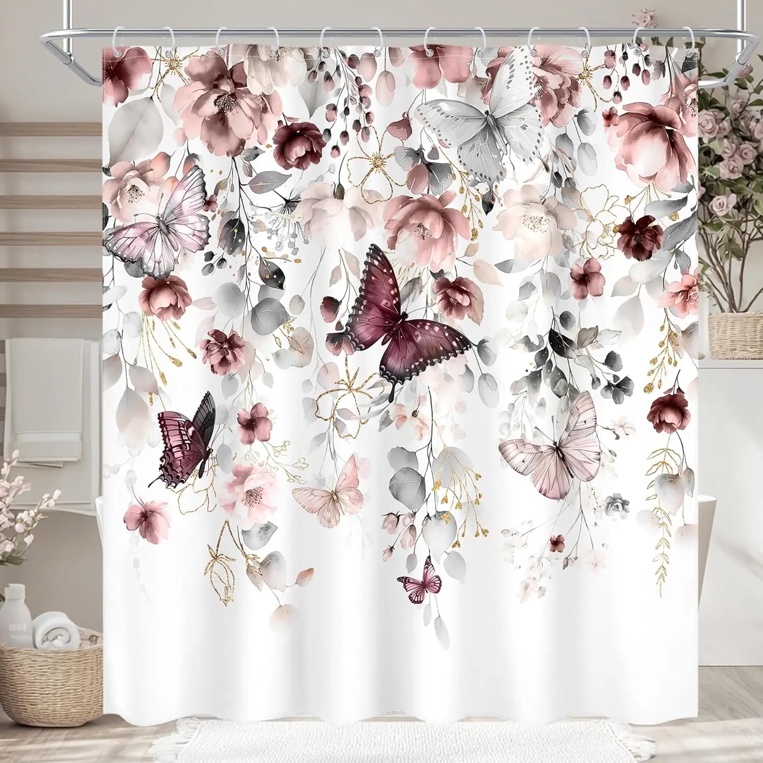 Tenda da doccia floreale rosa viola con stampa acquerello di farfalle per l'arredamento del bagno