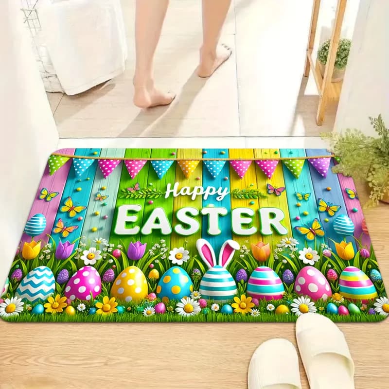 VIKAMA Tappetino da ingresso a tema uova di Pasqua, antiscivolo, morbido e assorbente, per veranda, tappetino di benvenuto, decorazione per la casa
