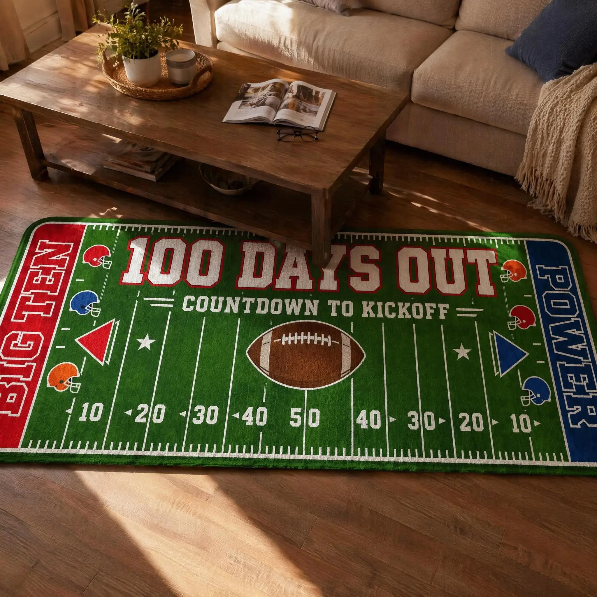 100 Days Out Countdown To Kickoff Football Runner Rug Big Ten Power Field Helmet Print Non Slip Floor Mat Sports Decor Gift For