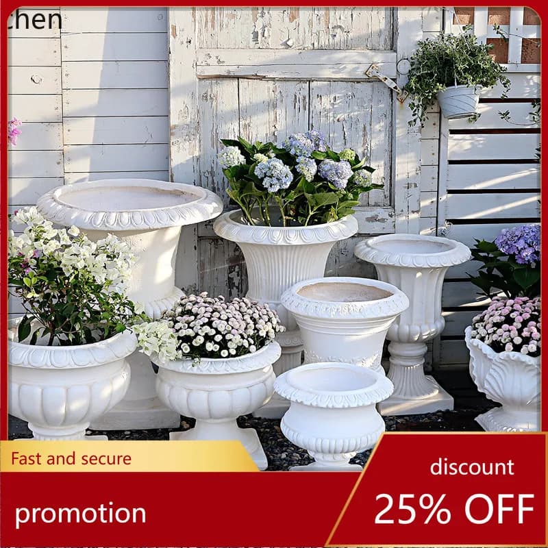 HT Retro Roman Flower Pot Large Diameter Trophy Plant Pot Floor High Pot Courtyard Garden Balcony Decoration