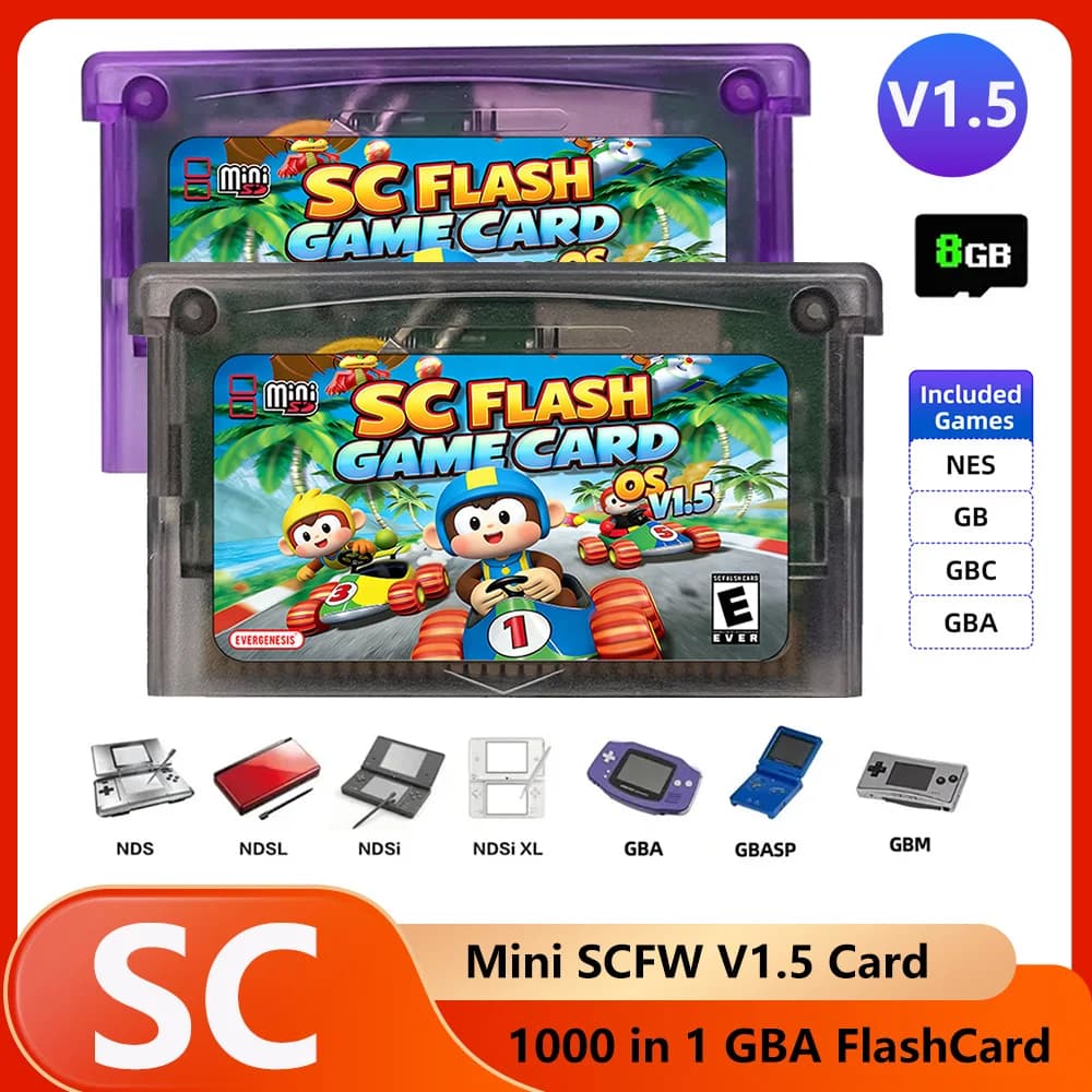 Nuova scheda Mini SCFW V1.5 1000 in 1 GBA FlashCard per GBA GBC GB NES con adattatore per scheda TF da 8 GB per console di gioco SP GBM IDS NDS NDSL
