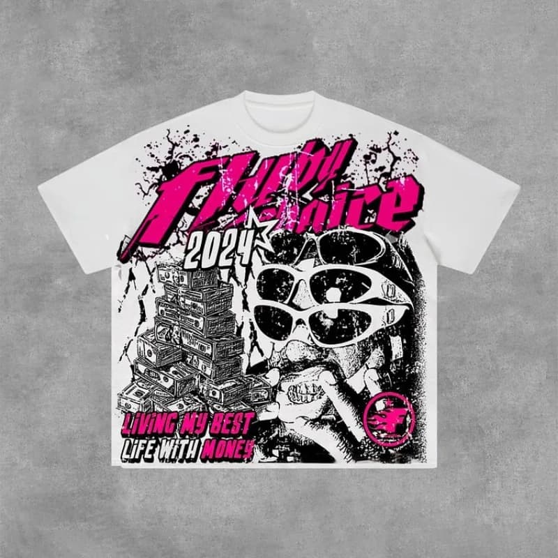 Fly By Choice Living My Best Life with Money T-shirt in cotone con grafica da uomo Y2K Vintage Oversize Tshirt Streetwear Top da donna