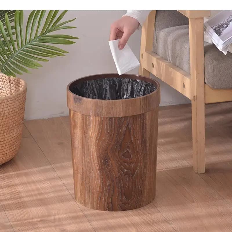 Cestino per rifiuti in plastica di forma rotonda, imitazione legno, senza coperchio, cestino per la raccolta dei rifiuti, cestino portaoggetti per la casa