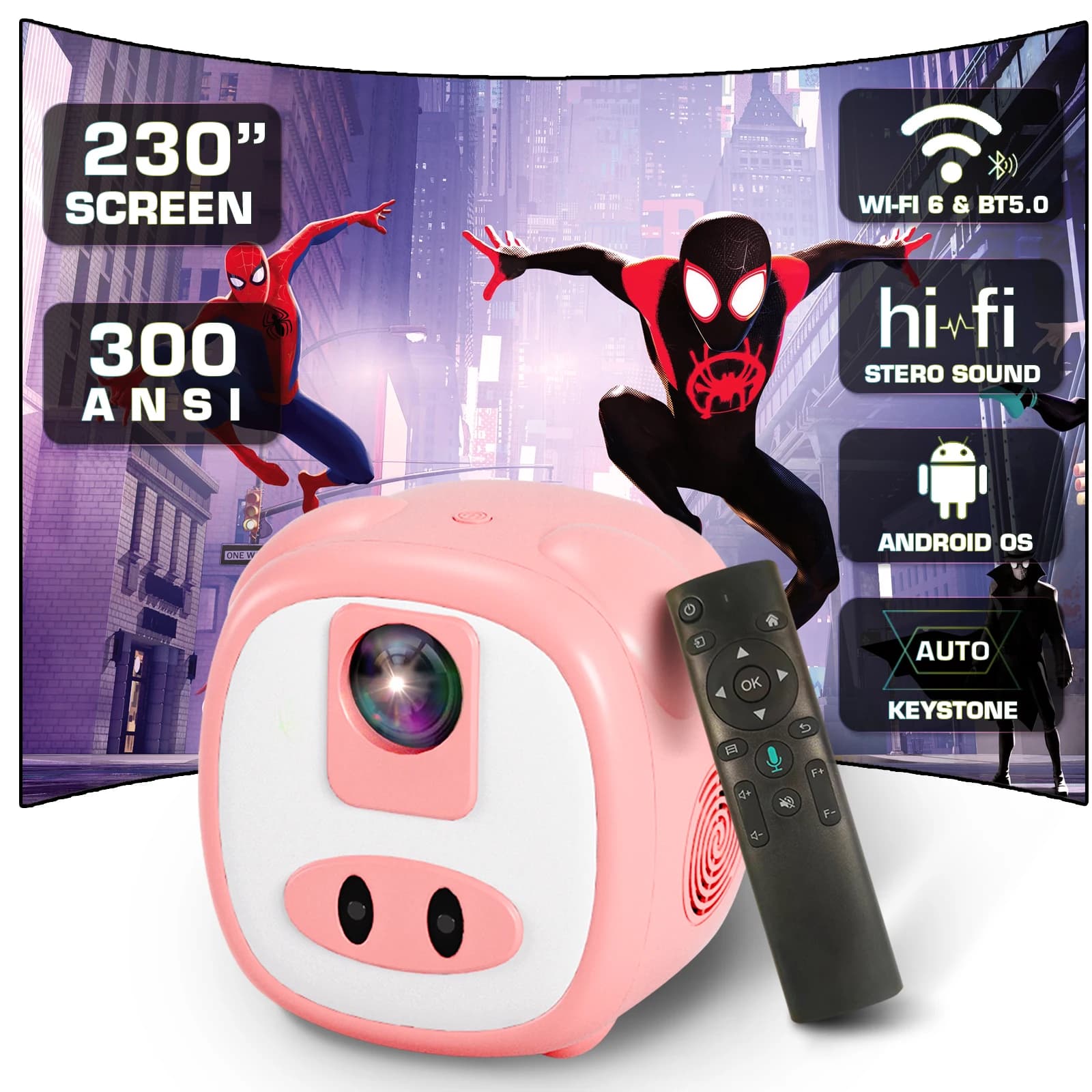 Mini videoproiettore Android 4K con Wifi Bluetooth, proiettore portatile 300ANSI Proiettore Home Theater 5G WiFi6 BT5.0 per bambini